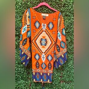 Urban Mangoz Orange Aztec Dress with Bell Sleeves SZ S